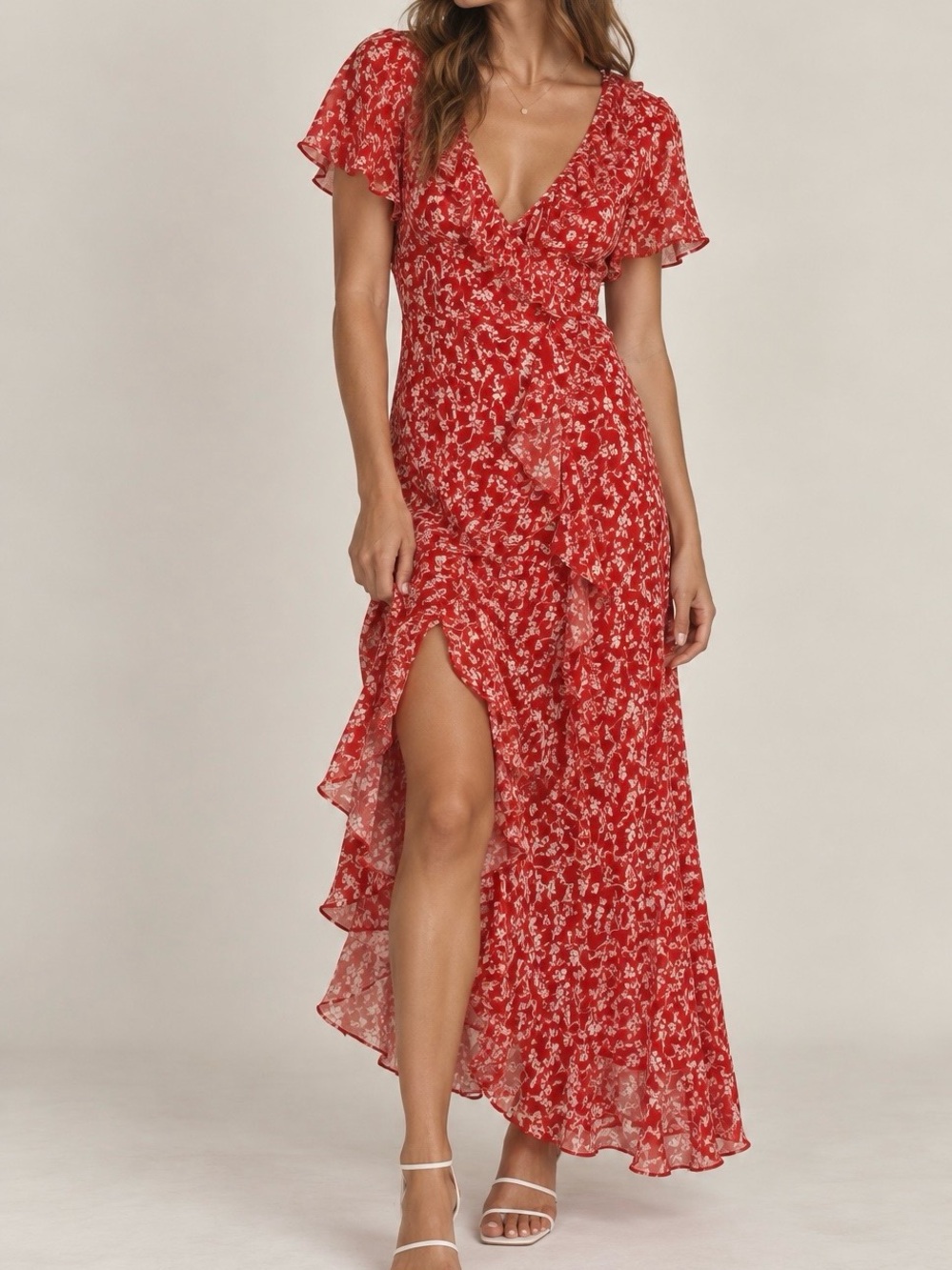 a new day Red Floral High-Low Ruffle Maxi Dress